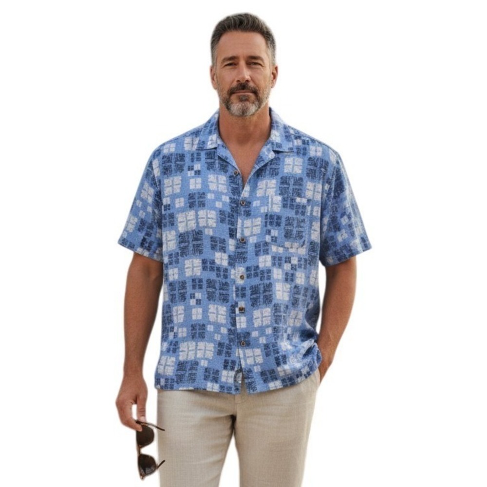 Nat Nast Luxury Sz L Blue Geometric Silk Blend Short Sleeve‎ Hawaiian Camp Shirt